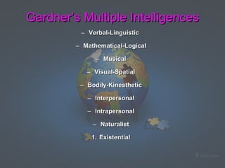 Gardner’s Multiple Intelligences Verbal-Linguistic  Mathematical-Logical Musical Visual-Spatial Bodily-Kinesthetic Interpersonal Intrapersonal Naturalist Existential 