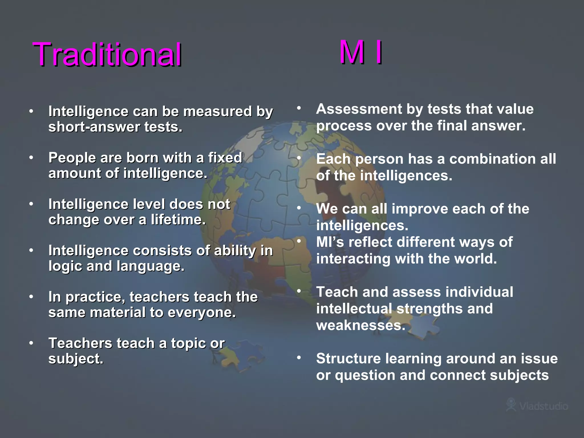 Traditional Intelligence can be measured by short-answer tests. People are born with a fixed amount of intelligence. Intelligence level does not change over a lifetime. Intelligence consists of ability in logic and language.  In practice, teachers teach the same material to everyone. Teachers teach a topic or subject.  Assessment by tests that value process over the final answer. Each person has a combination all of the intelligences. We can all improve each of the intelligences. MI’s reflect different ways of interacting with the world. Teach and assess individual intellectual strengths and weaknesses.  Structure learning around an issue or question and connect subjects M I 