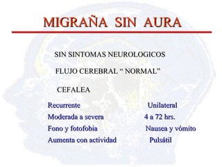MIGRAÑA  SIN  AURA SIN SINTOMAS NEUROLOGICOS FLUJO CEREBRAL “ NORMAL” CEFALEA Recurrente   Unilateral Moderada a severa  4 a 72 hrs. Fono y fotofobia  Nausea y vómito Aumenta con actividad    Pulsátil 