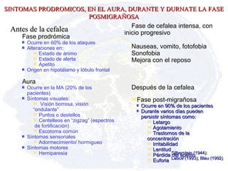 SINTOMAS PRODROMICOS, EN EL AURA, DURANTE Y DURNATE LA FASE POSMIGRAÑOSA Fase de cefalea intensa, con inicio progresivo Nauseas, vomito, fotofobia Sonofobia Mejora con el reposo Después de la cefalea Fase post-migrañosa Ocurre en 90% de los pacientes Durante varios días pueden persistir síntomas como: L etargo A gotamiento T rastornos de la  concentración I rritabilidad L entitud P érdida del apetito E uforia Silberstein (1944): Labce (1993); Blau (1992) Antes de la cefalea Fase prodrómica Ocurre en 60% de los ataques Alteraciones en:  E stado de ánimo E stado de alerta A petito Origen en hipotálamo y lóbulo frontal Aura Ocurre en la MA (20% de los pacientes) Síntomas visuales: V isión borrosa, visión “ondulante” P untos o destellos C entelleos en  “ zigzag ”  (es pectros  de   fortificación) E scotoma común Síntomas sensoriales A dormecimiento/ hormigueo Síntomas motores H emiparesia 