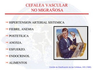 Comité de Clasificación de las Cefaleas, IHS (1988) HIPERTENSION ARTERIAL SISTEMICA FIEBRE, ANEMIA  POSTETILICA ANOXIA. ESFUERZO. ENDOCRINOS. ALIMENTOS CEFALEA VASCULAR  NO MIGRAÑOSA 