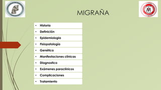 MIGRAÑA
• Historia
• Definición
• Epidemiologia
• Fisiopatología
• Genética
• Manifestaciones clínicas
• Diagnostico
• Exámenes paraclínicos
• Complicaciones
• Tratamiento
 