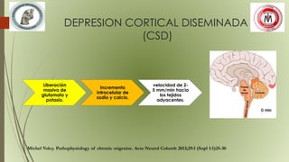 DEPRESION CORTICAL DISEMINADA
(CSD)
Liberación
masiva de
glutamato y
potasio.
Incremento
intracelular de
sodio y calcio.
velocidad de 2-
5 mm/min hacia
los tejidos
adyacentes.
Michel Volcy. Pathophysiology of chronic migraine. Acta Neurol Colomb 2013;29:1 (Supl 1:1)25-30
 