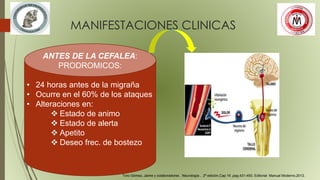 MANIFESTACIONES CLINICAS
ANTES DE LA CEFALEA:
PRODROMICOS:
• 24 horas antes de la migraña
• Ocurre en el 60% de los ataques
• Alteraciones en:
 Estado de animo
 Estado de alerta
 Apetito
 Deseo frec. de bostezo
Toro Gómez, Jaime y colaboradores , Neurología , 2ª edición,Cap.16 ,pag.431-450, Editorial Manual Moderno,2012.
 