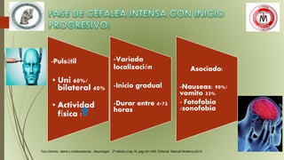 -Pulsátil
•Uni 60%/
bilateral 40%
•Actividad
física :
-Variada
localización
-Inicio gradual
-Durar entre 4-72
horas
Asociado:
-Nauseas: 90%/
vomito 33%
- Fotofobia
/sonofobia
Toro Gómez, Jaime y colaboradores , Neurología , 2ª edición,Cap.16 ,pag.431-450, Editorial Manual Moderno,2012.
 