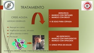 TRATAMIENTO
CRISIS AGUDA
MEDIDAS GENERALES:
 Reposo en cama
 Habitación oscura , sin ruido
 Dieta blanda si tolera
 Frio local
ESPECIFICO:
• MANEJO CON TRIPTANES
• MANEJO CON ERGOT
 ES SOLO PARA CEFALEA
NO ESPECIFICO :
• MANEJO CON ANALGESICOS
• MANEJO CON OPIACEOS
 OTROS TIPOS DE DOLOR
Toro Gómez, Jaime y colaboradores , Neurología , 2ª edición,Cap.16 ,pag.431-450, Editorial Manual Moderno,2012.
 