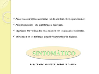 PARA CUANDO APARECE EL DOLOR DE CABEZA
 Analgésicos simples o calmantes (ácido acetilsalicílico o paracetamol)
 Antiinflamatorios (tipo diclofenaco o naproxeno)
 Ergóticos: Muy utilizados en asociación con los analgésicos simples.
 Triptanes: Son los fármacos específicos para tratar la migraña.
 