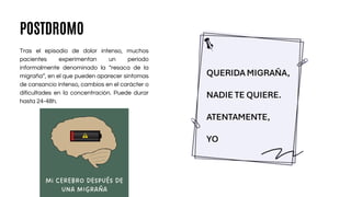 Tras el episodio de dolor intenso, muchos
pacientes experimentan un período
informalmente denominado la “resaca de la
migraña”, en el que pueden aparecer síntomas
de cansancio intenso, cambios en el carácter o
dificultades en la concentración. Puede durar
hasta 24-48h.
POSTDROMO
 