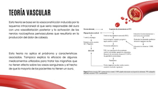 TEORÍA VASCULAR
Esta teoría se basa en la vasoconstricción inducida por la
isquemia intracraneal al que seria responsable del aura
con una vasodilatación posterior y la activación de los
nervios nociceptivos perivasculares que resultaría en la
producción del dolor de cabeza.
Esta teoría no aplica el pródromo y características
asociadas. Tampoco explica la eficacia de algunos
medicamentos utilizados para tratar las migrañas que
no tienen efecto sobre los vasos sanguíneos y el hecho
de que la mayoría de los pacientes no tienen un aura.
 