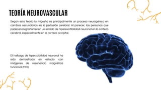 TEORÍA NEUROVASCULAR
Según esta teoría la migraña es principalmente un proceso neurogénico en
cambios secundarios en la perfusión cerebral. Al parecer, las personas que
padecen migraña tienen un estado de hiperexcitibilidad neuronal en la corteza
cerebral, especialmente en la corteza occipital.
El hallazgo de hiperxcibilidad neuronal ha
sido demostrado en estudio con
imágenes de resonancia magnética
funcional (MRI)
 
