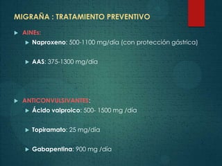 MIGRAÑA : TRATAMIENTO PREVENTIVO
 AINEs:
 Naproxeno: 500-1100 mg/día (con protección gástrica)
 AAS: 375-1300 mg/día
 ANTICONVULSIVANTES:
 Ácido valproico: 500- 1500 mg /día
 Topiramato: 25 mg/día
 Gabapentina: 900 mg /día
 