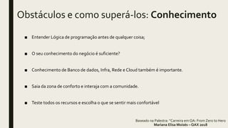 Obstáculos e como superá-los: Conhecimento
■ Entender Lógica de programação antes de qualquer coisa;
■ O seu conhecimento do negócio é suficiente?
■ Conhecimento de Banco de dados, Infra, Rede e Cloud também é importante.
■ Saia da zona de conforto e interaja com a comunidade.
■ Teste todos os recursos e escolha o que se sentir mais confortável
Baseado na Palestra: “Carreira em QA: From Zero to Hero
Mariana Elisa Moisés – QAX 2018
 