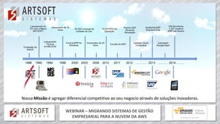 WEBINAR – MIGRANDO SISTEMAS DE GESTÃO
EMPRESARIAL PARA A NUVEM DA AWS
Nossa Missão é agregar diferencial competitivo ao seu negocio através de soluções inovadoras.
 