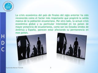 La crisis económica del país de finales del siglo anterior ha sido
reconocida como el factor más importante que propició la salida
masiva de la población ecuatoriana. Por otro lado, la actual crisis
económica global y su particular intensidad en los países de
mayor presencia de ecuatorianos, como son los Estados Unidos de
América y España, parecen estar afectando su permanencia en
esos países.
H
D
C
Guaranda-Moran-Tomalá 3
 