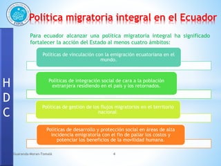 Política migratoria integral en el Ecuador
Para ecuador alcanzar una política migratoria integral ha significado
fortalecer la acción del Estado al menos cuatro ámbitos:
H
D
C
Guaranda-Moran-Tomalá 4
Políticas de vinculación con la emigración ecuatoriana en el
mundo.
Políticas de integración social de cara a la población
extranjera residiendo en el país y los retornados.
Políticas de gestión de los flujos migratorios en el territorio
nacional.
Políticas de desarrollo y protección social en áreas de alta
incidencia emigratoria con el fin de paliar los costos y
potenciar los beneficios de la movilidad humana.
 
