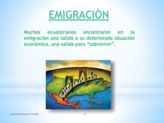 EMIGRACIÒN
Muchos ecuatorianos encontraron en la
emigración una salida a su deteriorada situación
económica, una salida para “sobrevivir”.
Guaranda-Moran-Tomalá 9
 