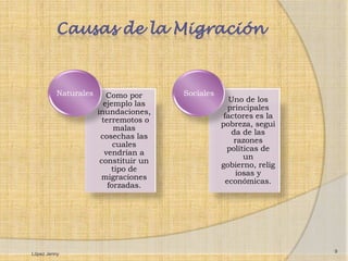 Causas de la Migración


          Naturales      Como por      Sociales
                                                     Uno de los
                        ejemplo las
                                                     principales
                      inundaciones,
                                                   factores es la
                        terremotos o
                                                  pobreza, segui
                            malas
                                                      da de las
                       cosechas las
                                                      razones
                            cuales
                                                    políticas de
                         vendrían a
                                                         un
                       constituir un
                                                  gobierno, relig
                           tipo de
                                                       iosas y
                       migraciones
                                                    económicas.
                          forzadas.




                                                                    9
López Jenny
 