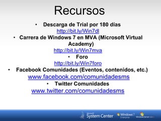 Migración de XP “Refresh” Escenario1Obtener información2Configurar MDT –SO & Aplicaciones3Comienza MDT DeploymentWizard4Se obtiene la lista de aplicaciones Windows 7XP SP2/SP36USMT Obtiene la configuración de usuarios y aplicaciones «local»MDT 2010 Deployment Server75Arranca en WinPE - Win 7 es instaladoLista & Escaneo del registro8Aplicaciones son instaladas9USMT aplica la configuración del usuario y aplicaciones «local»