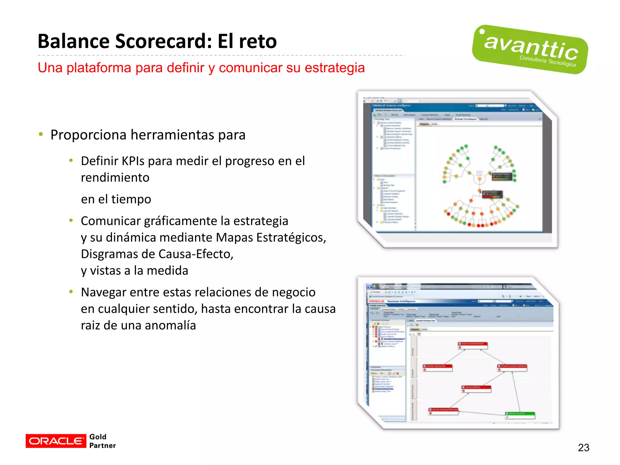 Balance Scorecard: El reto
Una plataforma para definir y comunicar su estrategia



• Proporciona herramientas para
     • Definir KPIs para medir el progreso en el
       rendimiento
       en el tiempo
     • Comunicar gráficamente la estrategia
       y su dinámica mediante Mapas Estratégicos,
       Disgramas de Causa-Efecto,
       y vistas a la medida
     • Navegar entre estas relaciones de negocio
       en cualquier sentido, hasta encontrar la causa
       raiz de una anomalía




                                                        23
 