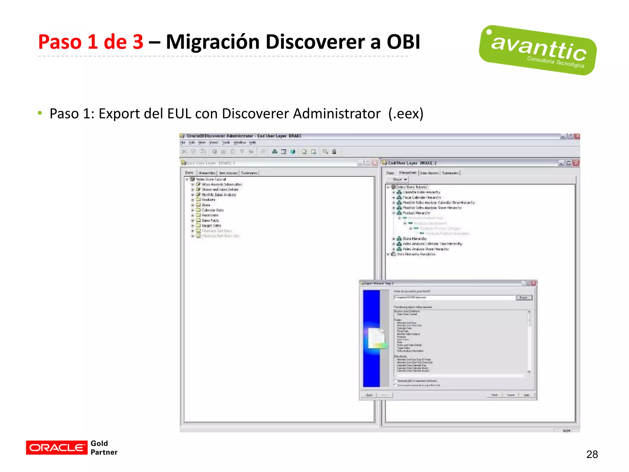 Paso 1 de 3 – Migración Discoverer a OBI


• Paso 1: Export del EUL con Discoverer Administrator (.eex)




                                                               28
 