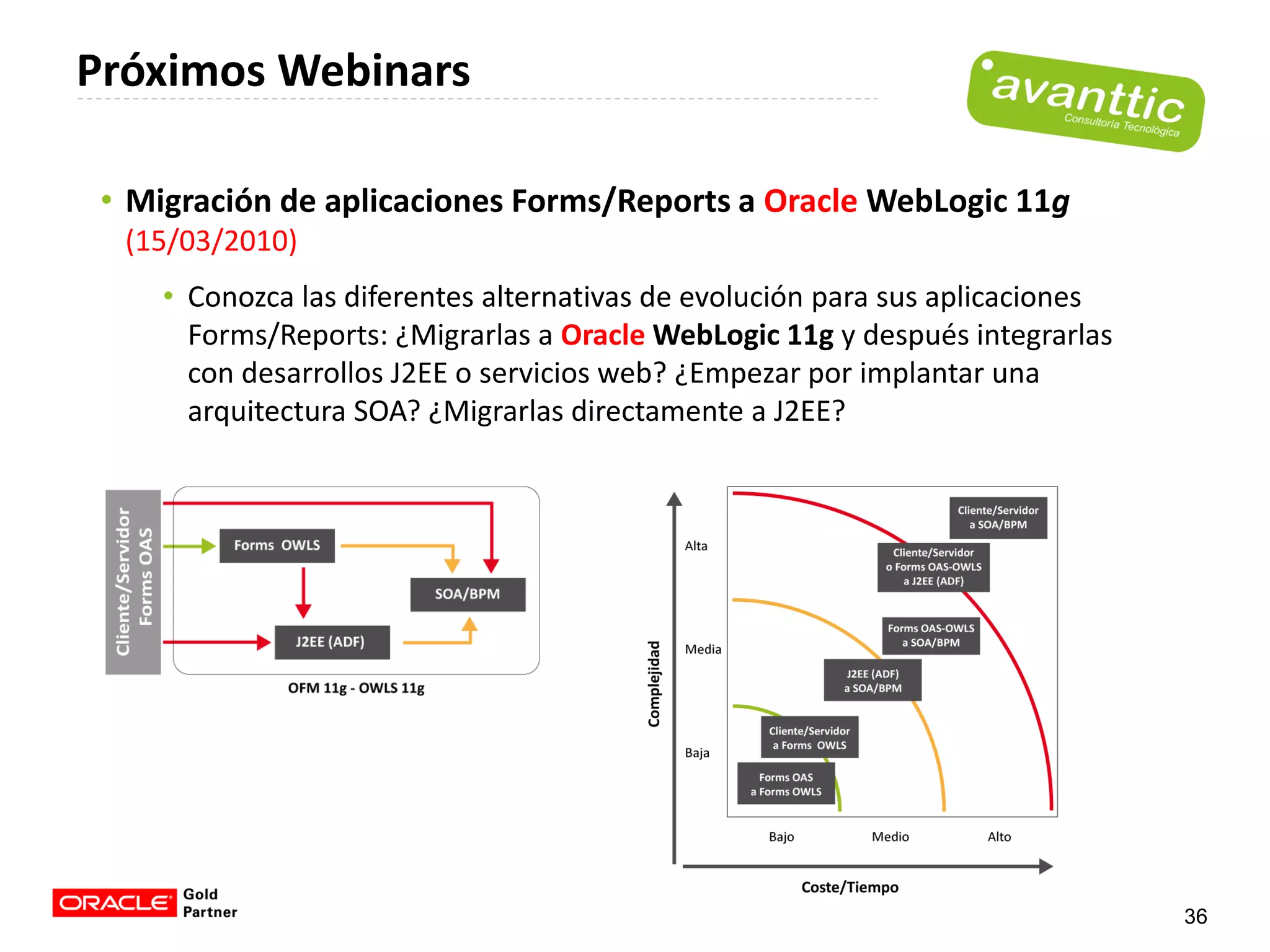 Próximos Webinars

 • Migración de aplicaciones Forms/Reports a Oracle WebLogic 11g
  (15/03/2010)
     • Conozca las diferentes alternativas de evolución para sus aplicaciones
       Forms/Reports: ¿Migrarlas a Oracle WebLogic 11g y después integrarlas
       con desarrollos J2EE o servicios web? ¿Empezar por implantar una
       arquitectura SOA? ¿Migrarlas directamente a J2EE?




                                                                                36
 