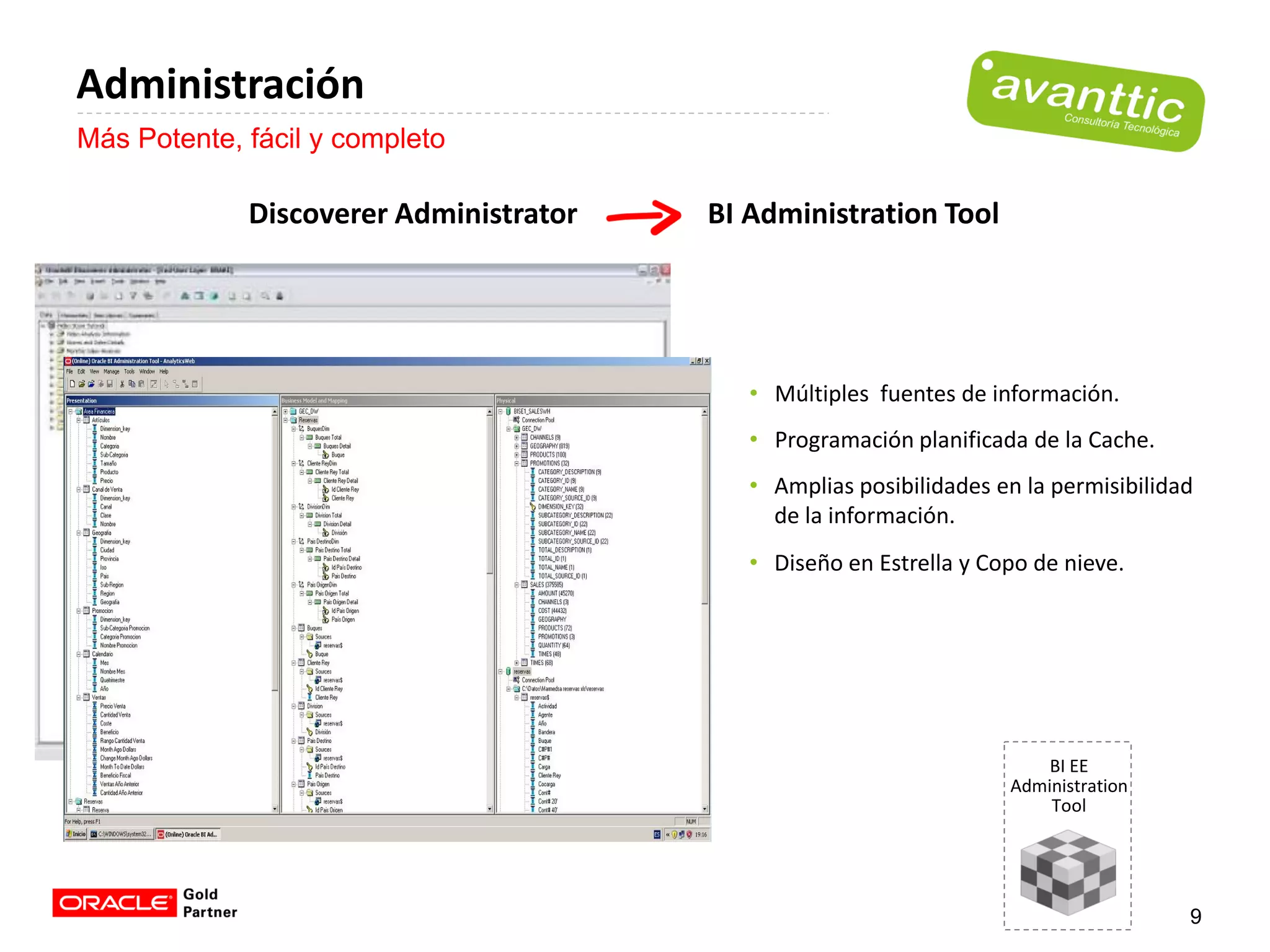 Administración
Más Potente, fácil y completo

             Discoverer Administrator   BI Administration Tool




                                           • Múltiples fuentes de información.
                                           • Programación planificada de la Cache.
                                           • Amplias posibilidades en la permisibilidad
                                             de la información.
                                           • Diseño en Estrella y Copo de nieve.




                                                                        BI EE
                                                                    Administration
                                                                        Tool




                                                                                      9
 