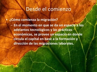 Desde el comienzo ¿Cómo comienza la migración? En el momento en que se da un espacio a los adelantos tecnológicos y las prácticas económicas, se provee un espacio en donde circula el capital en base a la formación y dirección de las migraciones laborales.