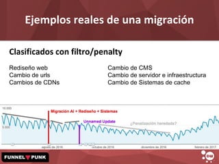 Ejemplos reales de una migración
Clasificados con filtro/penalty
Rediseño web Cambio de CMS
Cambio de urls Cambio de servi...