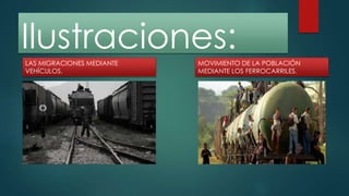 Ilustraciones: 
MOVIMIENTO DE LA POBLACIÓN 
MEDIANTE LOS FERROCARRILES. 
LAS MIGRACIONES MEDIANTE 
VEHÍCULOS. 
 