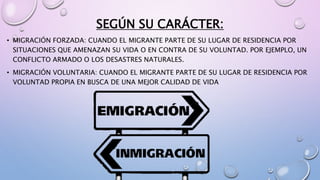 SEGÚN SU CARÁCTER:
• MIGRACIÓN FORZADA: CUANDO EL MIGRANTE PARTE DE SU LUGAR DE RESIDENCIA POR
SITUACIONES QUE AMENAZAN SU VIDA O EN CONTRA DE SU VOLUNTAD. POR EJEMPLO, UN
CONFLICTO ARMADO O LOS DESASTRES NATURALES.
• MIGRACIÓN VOLUNTARIA: CUANDO EL MIGRANTE PARTE DE SU LUGAR DE RESIDENCIA POR
VOLUNTAD PROPIA EN BUSCA DE UNA MEJOR CALIDAD DE VIDA
 