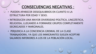 CONSECUENCIAS NEGATIVAS :
• PUEDEN APARECER DESEQUILIBRIOS EN CUANTO A LA
ESTRUCTURA POR EDAD Y SEXO.
• INTRODUCEN UNA MAYOR DIVERSIDAD POLÍTICA, LINGÜÍSTICA,
RELIGIOSA, LLEGANDO A FORMARSE GRUPOS COMPLETAMENTE
SEGREGADOS Y MARGINALES.
• PERJUDICA A LA CONCIENCIA GREMIAL DE LA CLASE
TRABAJADORA, YA QUE LOS INMIGRANTES SUELEN ACEPTAR
SALARIOS INFERIORES A LOS DE LA POBLACIÓN LOCAL.
 