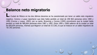 Balance neto migratorio
La Ciudad de México en los dos últimos decenios se ha caracterizado por tener un saldo neto migratorio
negativo. Corona y Luque reportaron que ésta había perdido un total de 290 863 personas entre 1985 y
1990 (Corona y Luque, 1992); por su parte, Browning y Corona (1995) encontraron que la ciudad había
perdido un total de 480,664 personas entre 1987 y 1992. Entre 1995 y 2000 salieron de la ciudad un total
de 609,659 personas, mientas que llegaron un total de 517,363, lo que se traduce en un saldo migratorio de
-92 292 personas.
 