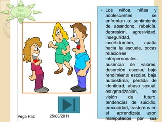 Ir a
 las                                    Los niños, niñas y
Caus                                     adolescentes           se
  as                                     enfrentan a: sentimiento
                                         de abandono, rebeldía,
                                         depresión, agresividad,
                                         inseguridad,
                                         incertidumbre,     apatía
                                         hacia la escuela, pocas
                                         relaciones
                        25/08/2011
                                         interpersonales,
                                         ausencia de valores,
                                         deserción escolar, bajo
                                         rendimiento escolar, baja
                                         autoestima, pérdida de
                                         identidad, abuso sexual,
                                         estigmatización,       no
                                         visión     de      futuro,
                                         tendencias de suicidio,
                                         precocidad, trastornos en
                                         el    aprendizaje, 10 son
Vega Paz   25/08/2011
                                         manipulados por sus
 