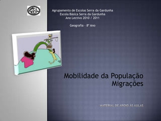Agrupamento de Escolas Serra da GardunhaEscola Básica Serra da GardunhaAno Lectivo 2010 / 2011Geografia – 8º Ano Mobilidade da População Migrações Material de apoio às aulas 