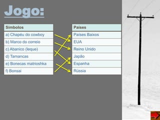 Jogo:
Símbolos
a) Chapéu do cowboy
b) Marco do correio
c) Abanico (leque)
d) Tamancas
e) Bonecas matrioshka
f) Bonsai
Países
Países Baixos
EUA
Reino Unido
Japão
Espanha
Rússia
 