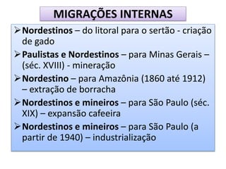 MIGRAÇÕES INTERNAS 
Nordestinos – do litoral para o sertão - criação 
de gado 
Paulistas e Nordestinos – para Minas Gerais – 
(séc. XVIII) - mineração 
Nordestino – para Amazônia (1860 até 1912) 
– extração de borracha 
Nordestinos e mineiros – para São Paulo (séc. 
XIX) – expansão cafeeira 
Nordestinos e mineiros – para São Paulo (a 
partir de 1940) – industrialização 
 