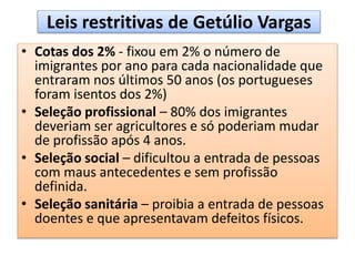 Leis restritivas de Getúlio Vargas 
• Cotas dos 2% - fixou em 2% o número de 
imigrantes por ano para cada nacionalidade que 
entraram nos últimos 50 anos (os portugueses 
foram isentos dos 2%) 
• Seleção profissional – 80% dos imigrantes 
deveriam ser agricultores e só poderiam mudar 
de profissão após 4 anos. 
• Seleção social – dificultou a entrada de pessoas 
com maus antecedentes e sem profissão 
definida. 
• Seleção sanitária – proibia a entrada de pessoas 
doentes e que apresentavam defeitos físicos. 
 