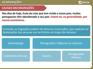 AS MIGRAÇÕES
Desemprego
Catástrofes Naturais
Perseguições religiosas ou culturais
Guerra
Perseguições
Políticas
CAUSAS DAS MIGRAÇÕES
Nos dias de hoje, fruto da crise que tem vivido o nosso país, muitos
portugueses têm abandonado o seu país. Fazem-no, na generalidade, por
causas económicas.
Contudo, as migrações podem ter diversas motivações, que explicam as
deslocações das pessoas nos territórios ao longo dos tempos:
 