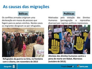 As causas das migrações
Refugiados da guerra na Síria, na fronteira
com o Líbano, em novembro de 2013
Ativistas dos direitos humanos contra a
pena de morte em Rabat, Marrocos
(outubro de 2013).
Bélicas Políticas
Motivadas pela violação dos Direitos
Humanos (perseguição e represálias
diversas) por regimes políticos repressivos.
Os conflitos armados originam uma
deslocação em massa de pessoas que
fogem para os países vizinhos. Nestes casos
os migrantes designam-se por refugiados.
 