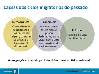 As migrações do neste período tinham um sentido norte-sul.
Demográficas
O crescimento
da população
nos países de
origem, tornava-
se escassa a
terra arável
disponível.
Económicas
As novas terras,
muito ricas e
pouco
habitadas, eram
vistas como uma
oportunidade de
enriquecimento.
Políticas
Reinício de vida
em liberdade.
Causas dos ciclos migratórios do passado
 