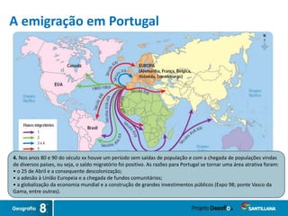 4. Nos anos 80 e 90 do século xx houve um período sem saídas de população e com a chegada de populações vindas
de diversos países, ou seja, o saldo migratório foi positivo. As razões para Portugal se tornar uma área atrativa foram:
• o 25 de Abril e a consequente descolonização;
• a adesão à União Europeia e a chegada de fundos comunitários;
• a globalização da economia mundial e a construção de grandes investimentos públicos (Expo 98; ponte Vasco da
Gama, entre outras).
A emigração em Portugal
 