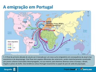 5. O final da primeira década do século xxi é marcada por um novo surto emigratório em consequência da atual crise
económica e do desemprego. Este fluxo tem aspetos diferentes dos anteriores, sendo maioritariamente constituído
por jovens urbanos licenciados desempregados, na sua maioria, para destinos diversos como a Europa, o Brasil,
Angola e países do Golfo. Esta tendência coloca Portugal novamente no papel de país de saída de população.
A emigração em Portugal
 
