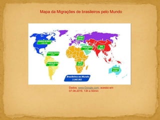 Mapa da Migrações de brasileiros pelo Mundo
Dados. www.Google.com, acesso em
07.08.2016. 13h e 50min
 