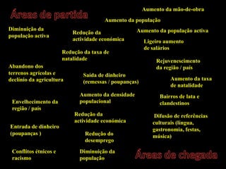 Aumento da mão-de-obraÁreas de partidaAumento da populaçãoDiminuição da população activaAumento da população activaRedução da actividade económicaLigeiro aumento de saláriosRedução da taxa de natalidadeRejuvenescimento da região / paísAbandono dos terrenos agrícolas e declínio da agriculturaSaída de dinheiro (remessas / poupanças)Aumento da taxa de natalidadeAumento da densidade populacionalBairros de lata e clandestinosEnvelhecimento da região / paísRedução da actividade económica Difusão de referências culturais (língua, gastronomia, festas, música)Entrada de dinheiro (poupanças )Redução do desempregoÁreas de chegadaConflitos étnicos e racismoDiminuição da população
