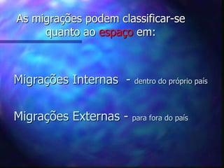 As migrações podem classificar-se
quanto ao espaço em:
Migrações Internas - dentro do próprio país
Migrações Externas - para fora do país
 