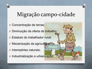 Migração campo-cidade
O Concentração de terras;
O Diminuição da oferta de trabalho;
O Estatuto do trabalhador rural;
O Mecanização da agricultura;
O Intempéries naturais;
O Industrialização e urbanização.
 