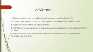 Atividade
1- Diferencie taxa de mortalidade de taxa de mortalidade infantil.
2- Cite as principais causas para a queda da taxa de natalidade do Brasil.
3- Explique o que é taxa de fecundidade.
4- Identifique os principais motivos para a queda da taxa de mortalidade infantil
no Brasil.
5- Na sua família o número de nascimentos tem diminuído ou aumentado?
Justifique sua resposta.
 