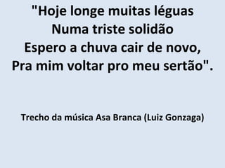"Hoje longe muitas léguas Numa triste solidão Espero a chuva cair de novo, Pra mim voltar pro meu sertão". Trecho da música Asa Branca (Luiz Gonzaga)     