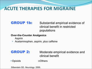 GROUP 2:   Moderate empirical evidence and  clinical benefit Opioids    Others Over-the-Counter Analgesics Aspirin Acetaminophen, aspirin, plus caffeine  Silberstein SD.  Neurology . 2000. GROUP 1b:   Substantial empirical evidence of  clinical benefit in restricted  populations 
