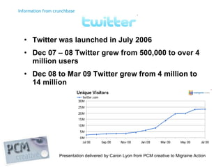 Twitter <ul><li>Twitter was launched in July 2006  </li></ul><ul><li>Dec 07 – 08 Twitter grew from 500,000 to over 4 milli...
